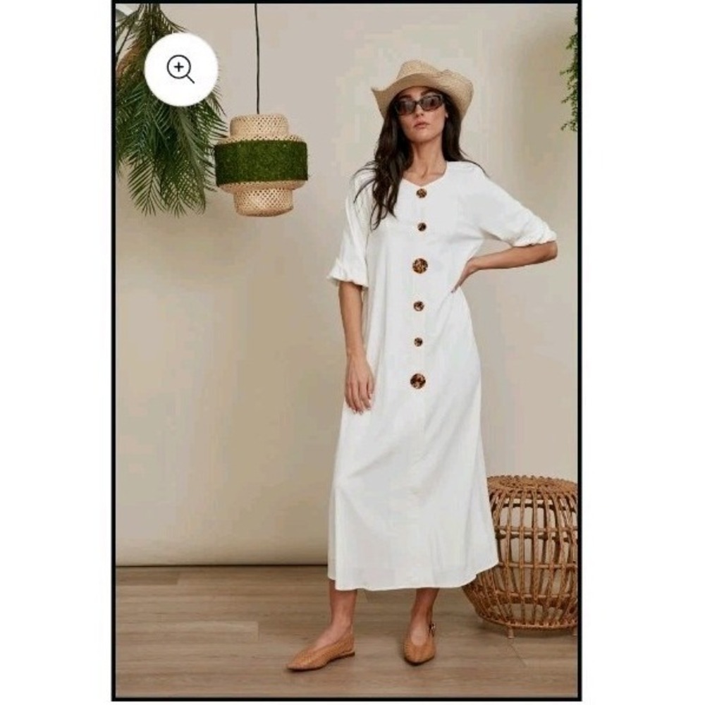 Shift Boutique Modest White Long Sleeve Maxi Boho Vacation Beach Resort Buttons